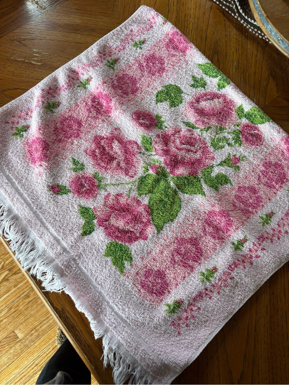 Floral Pink Rose Bath Towel with Green Leaves